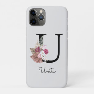 Capa Para iPhone 11 Pro Monograma Rosa Boho Girly Floral Inicial U