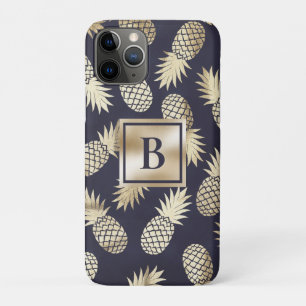 Capa Para iPhone 11 Pro Monograma Tropical Abacaxi Menina Dourado Azul Mar