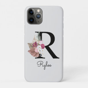 Capa Para iPhone 11 Pro Monogramas cor-de-rosa Boho Floral Inicial R