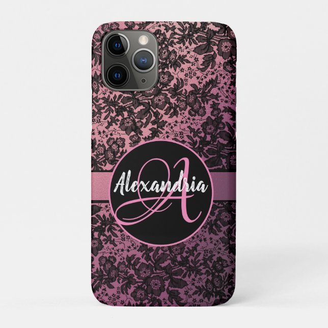 Capa Para iPhone 11 Pro Moody Black Floral no Monograma Rosa (Verso)