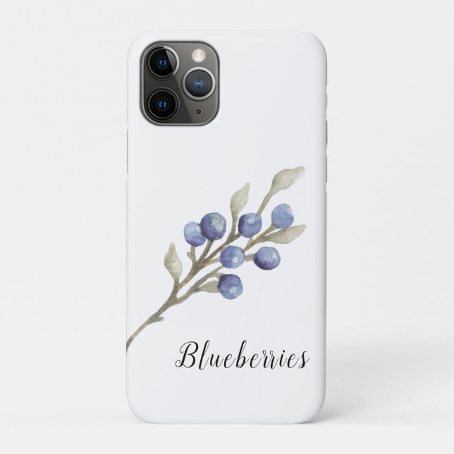 Capa Para iPhone 11 Pro Morangos Azuis Botânicos em Aquarela (Verso)