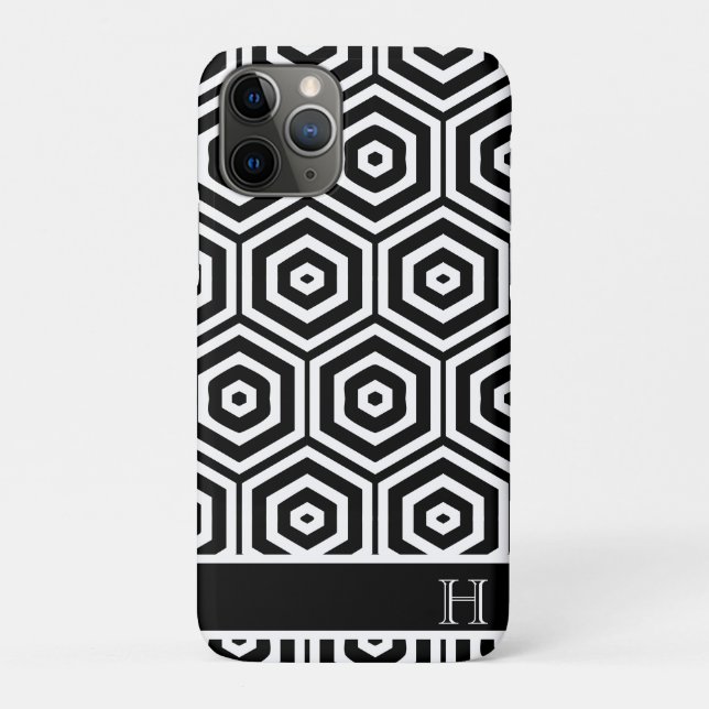 Capa Para iPhone 11 Pro Na moda de Monograma Moderno Preto e Branco (Verso)