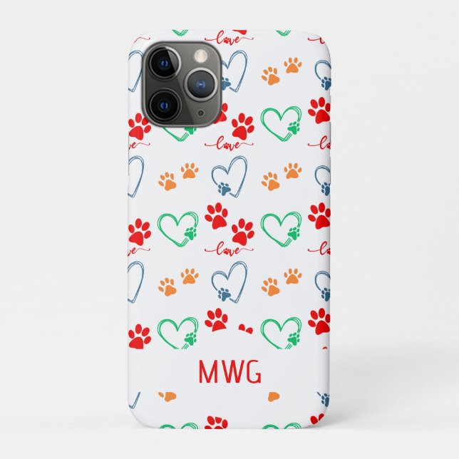 Capa Para iPhone 11 Pro Na moda DOG PAW PRINTS and AMVE HEARTS Monograma (Verso)