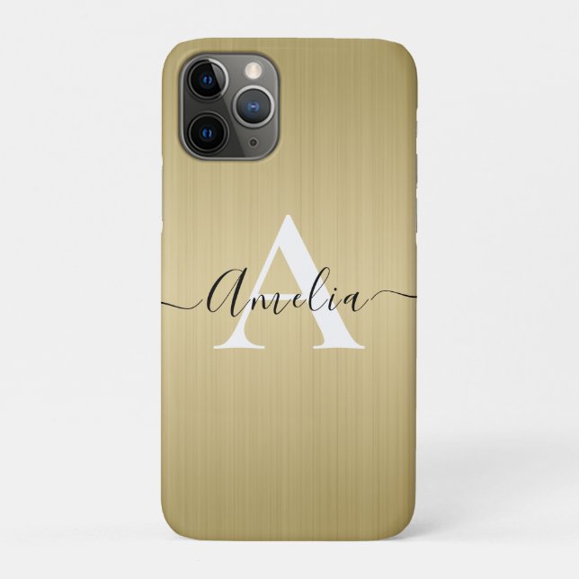 Capa Para iPhone 11 Pro Na moda Monograma Script Faux Dourado Aço (Verso)