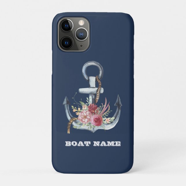 Capa Para iPhone 11 Pro Náutica Floral Anchor Boat Name Marinho Blue (Verso)
