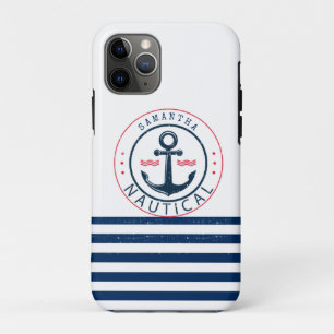 Capa Para iPhone 11 Pro Náutico, Nome do Barco, Âncora Listras Azul-Marinh