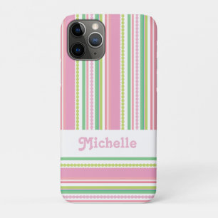 Capa Para iPhone 11 Pro Nome contas listradas rosa verde branco