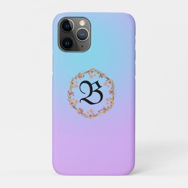 Capa Para iPhone 11 Pro Nome do monograma do gradiente floral de turquesa  (Verso)