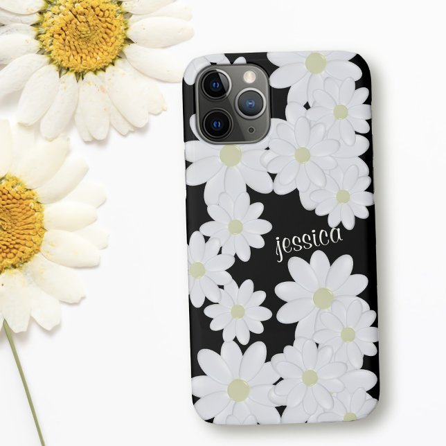 Capa Para iPhone 11 Pro Nome do Padrão da Flor Branca Moderna - Preto (A black and white daisy pattern phone case with space for your name)
