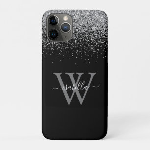 Capa Para iPhone 11 Pro Nome do Script Elegante da Glitter Preta do Sliver