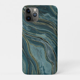Capa Para iPhone 11 Pro Ondas Abstratas de Aquarela Azul Tranquilo Dourado