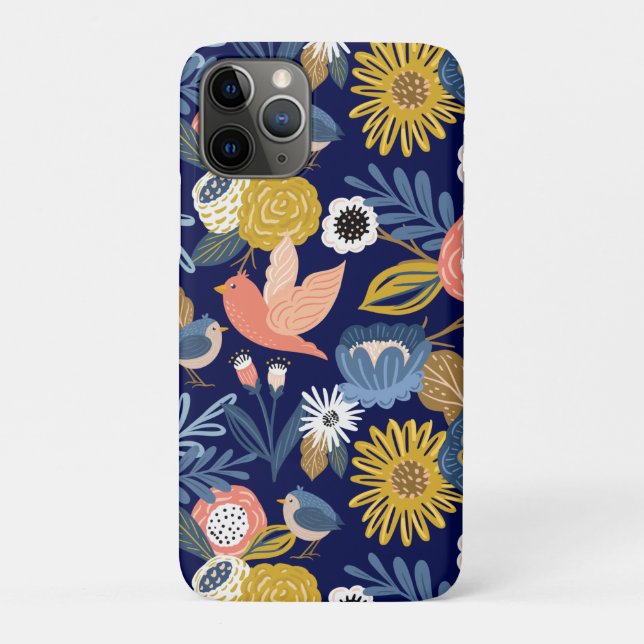Capa Para iPhone 11 Pro Padrão Botânico e Pássaro Floral do Abstrato Vinta (Verso)