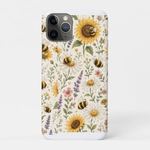 Capa Para iPhone 11 Pro Padrão de Abelha e Flores Silvestres Fofo