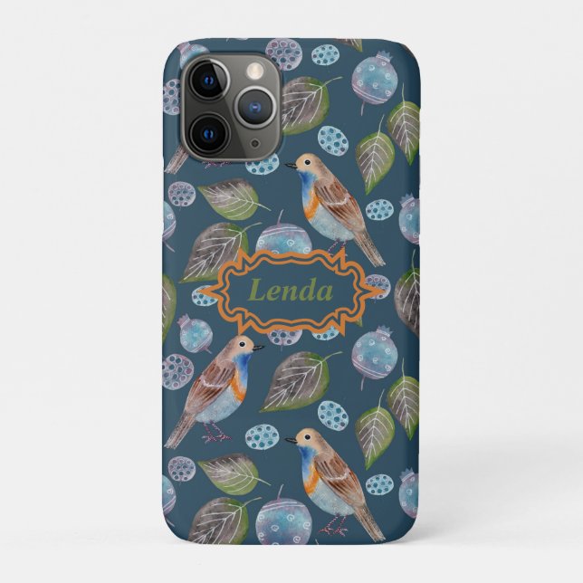 Capa Para iPhone 11 Pro Padrão de Aquarela de Aves Azuis (Verso)