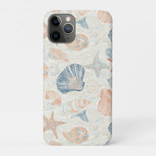 Capa Para iPhone 11 Pro Padrão de Coral Azul Marinho Botânico de Conchas d