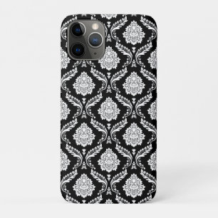 Capa Para iPhone 11 Pro Padrão de Damasco Rococó Branco no Preto