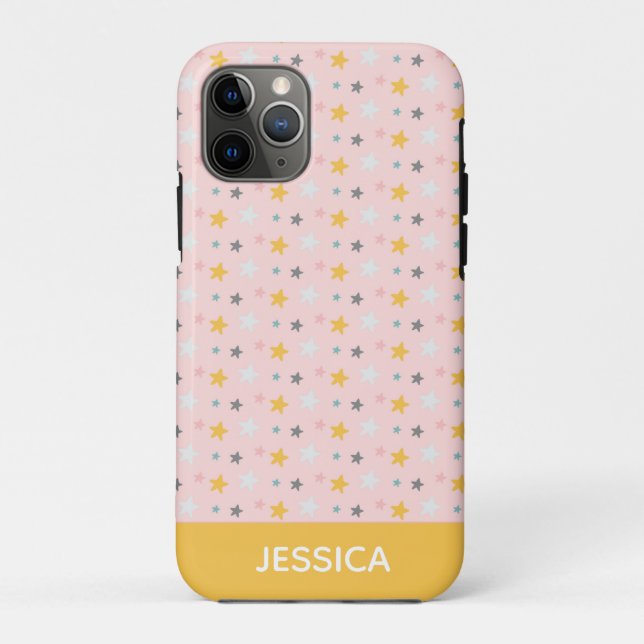 Capa Para iPhone 11 Pro Padrão de Estrelas Cutas em Rosa e Amarelo Persona (Verso)