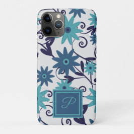 Capa Para iPhone 11 Pro Padrão de flor azul de turquesa azul de monograma 