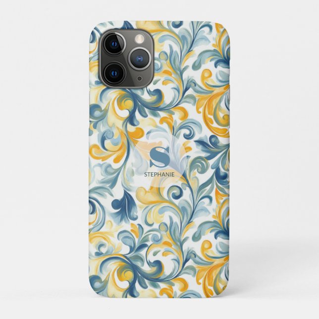 Capa Para iPhone 11 Pro Padrão de Folha Azul e Dourada (Verso)