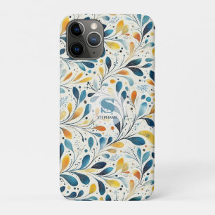 Capa Para iPhone 11 Pro Padrão de Folha Botânica Âmbar Verde-Marinho