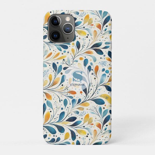 Capa Para iPhone 11 Pro Padrão de Folha Botânica Âmbar Verde-Marinho (Verso)