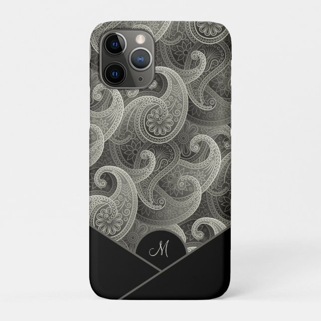Capa Para iPhone 11 Pro Padrão de Paisley de Cinza na moda com Monograma (Verso)