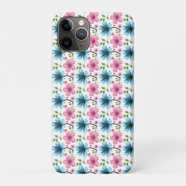 Capa Para iPhone 11 Pro Padrão floral azul e rosa (Verso)