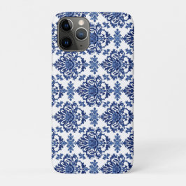 Capa Para iPhone 11 Pro Padrão Floral Barroco de Luxo Azul Real e Branco