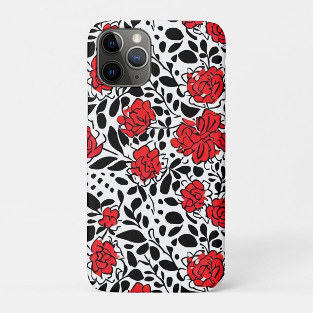 Capa Para iPhone 11 Pro Padrão Floral bonito em Vermelho, Preto e Branco (Verso)