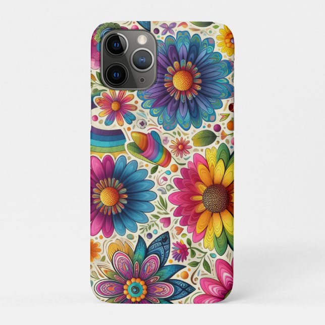 Capa Para iPhone 11 Pro Padrão Floral Hippie Arco-Íris Retrô (Verso)