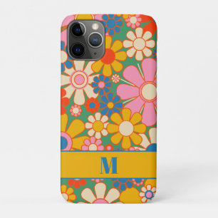 Capa Para iPhone 11 Pro Padrão Floral Retro Colorido do Groovy com Inicial