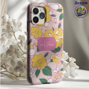 Capa Para iPhone 11 Pro Padrão Floral Rosa com Nome Personalizado