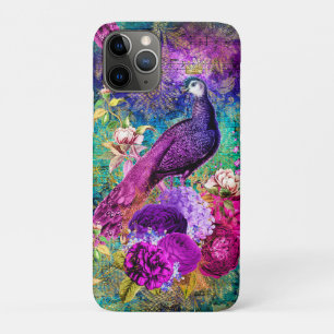 Capa Para iPhone 11 Pro Padrão Grunge de Pavão Ilustrado Vintage
