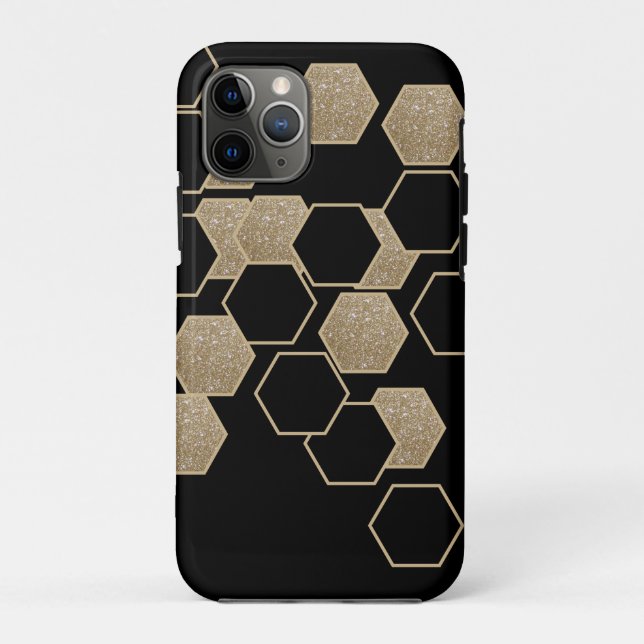 Capa Para iPhone 11 Pro Padrão na moda geométrico preto e ouro hexágono (Verso)