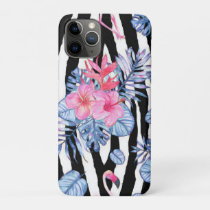 Capa Para iPhone 11 Pro Padrão Zebra com Hibisco Tropical e Flamingos