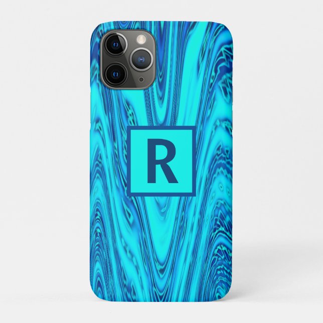 Capa Para iPhone 11 Pro Padrões de Onda Abstrato Monogramas Iniciais Azul  (Verso)