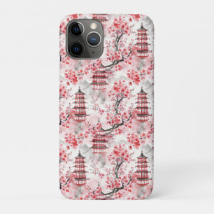 Capa Para iPhone 11 Pro Pagoda Chinesa Aquarela com Blossomas de Cereja (9