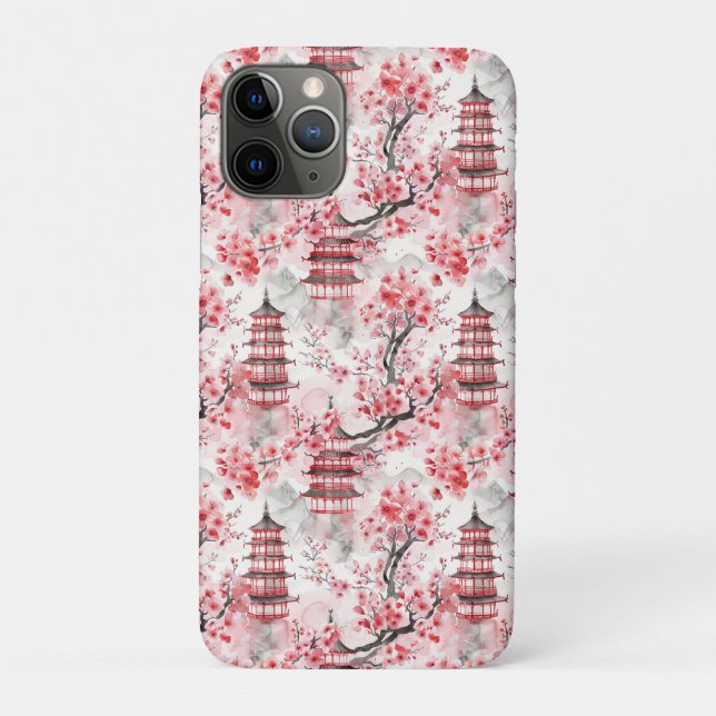 Capa Para iPhone 11 Pro Pagoda Chinesa Aquarela com Blossomas de Cereja (9 (Verso)