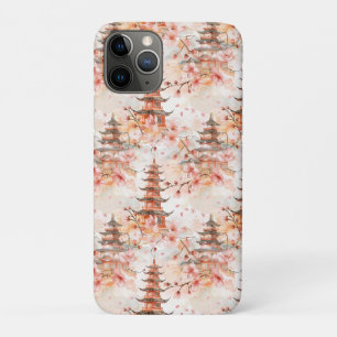 Capa Para iPhone 11 Pro Pagoda Chinesa Aquarela com Flores de Cereja (1)