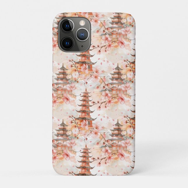 Capa Para iPhone 11 Pro Pagoda Chinesa Aquarela com Flores de Cereja (1) (Verso)