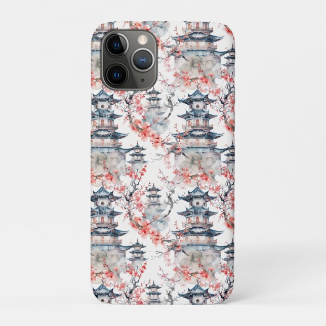Capa Para iPhone 11 Pro Pagoda Chinesa Aquarela com Flores de Cereja (4) (Verso)