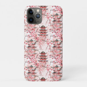 Capa Para iPhone 11 Pro Pagoda Chinesa Aquarela com Flores de Cereja (7)