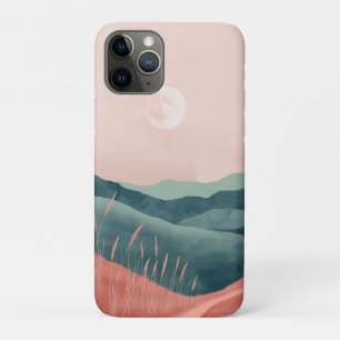 Capa Para iPhone 11 Pro Paisagem Montanhosa Boho Lua Rosa Verde Água