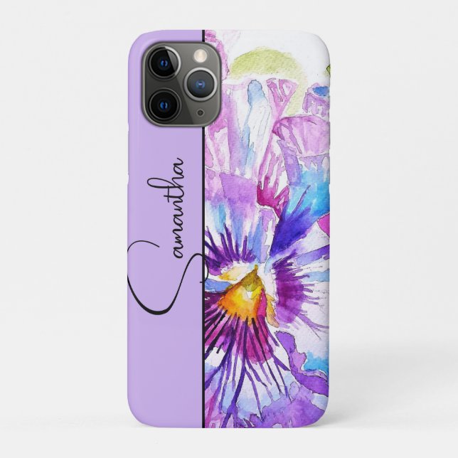 Capa Para iPhone 11 Pro Pansies Roxas Floral Flor de Aquarela (Verso)