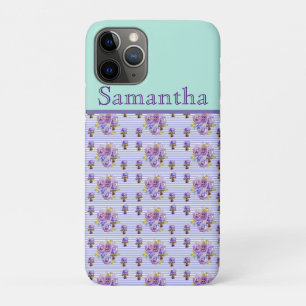 Capa Para iPhone 11 Pro Pansy Flower Aqua Stripe art floral Girls Name
