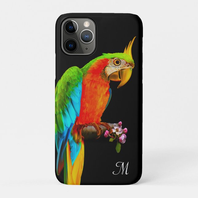 Capa Para iPhone 11 Pro Papagaio Multicolorido Tropical & Monograma (Verso)