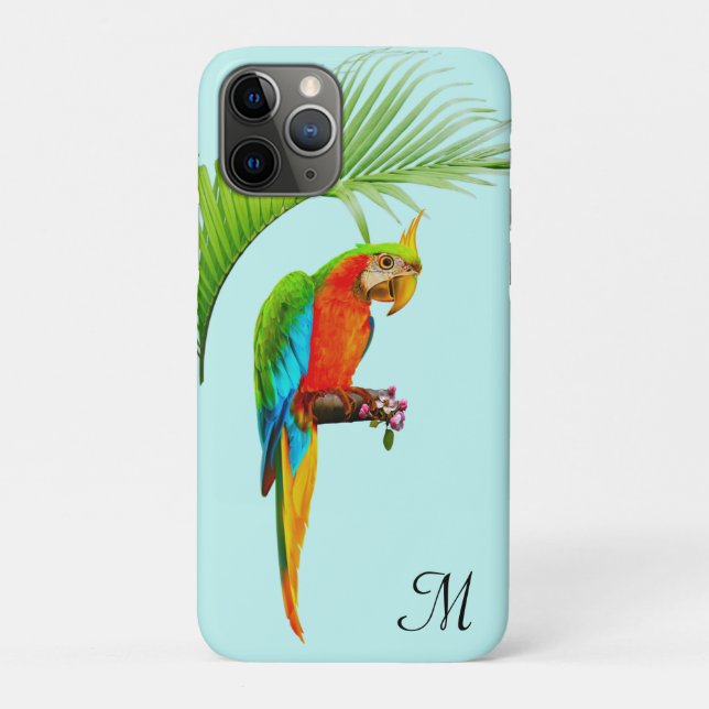 Capa Para iPhone 11 Pro Papagaio Multicolorido Tropical & Monograma (Verso)