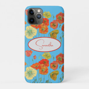 Capa Para iPhone 11 Pro Papoula Laranja Vermelha Papoulas floral Azul Nome