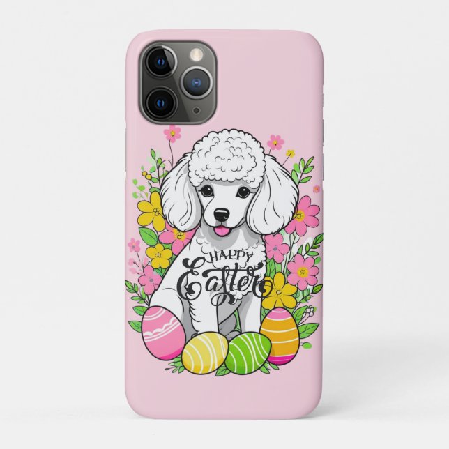 Capa Para iPhone 11 Pro Páscoa Poodle com flores (Verso)