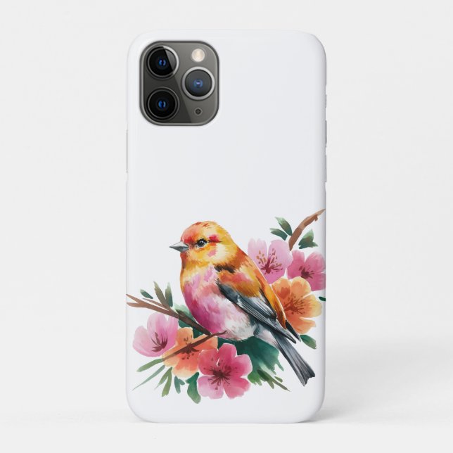 Capa Para iPhone 11 Pro Passaro Flor Rosa (Verso)